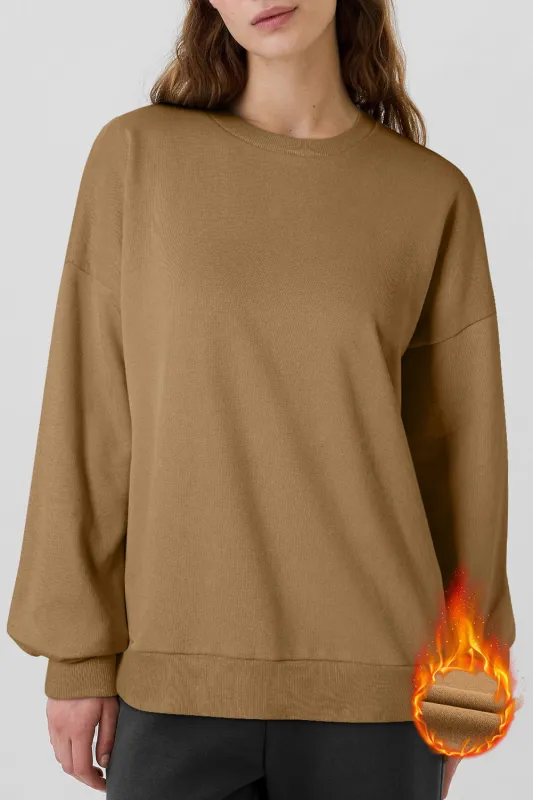 Camel Solid Fleece Lined Drop Shoulder High Low Sweatshirt sold by Beagle Boutique
