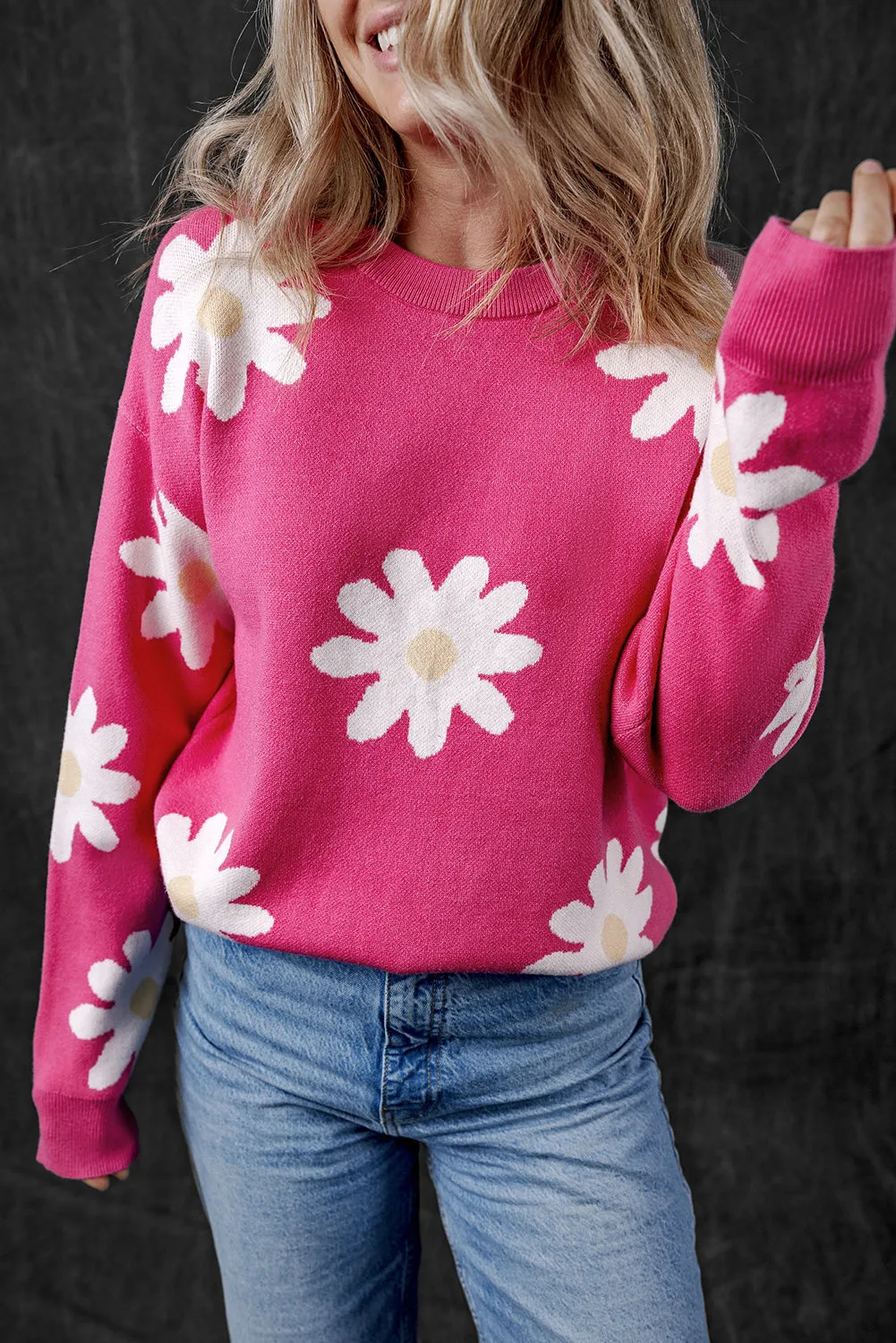 Bright Pink Daisy Flower Crew Neck Long Sleeve Sweater sold by Beagle Boutique product image thumbnail 3