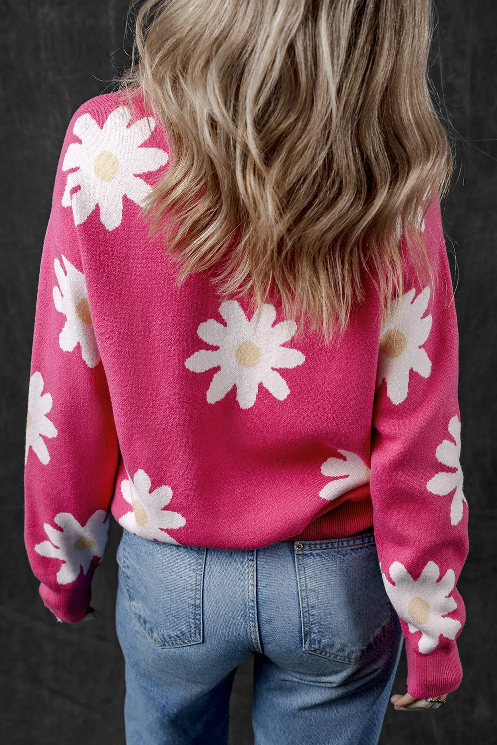 Bright Pink Daisy Flower Crew Neck Long Sleeve Sweater sold by Beagle Boutique product image thumbnail 2