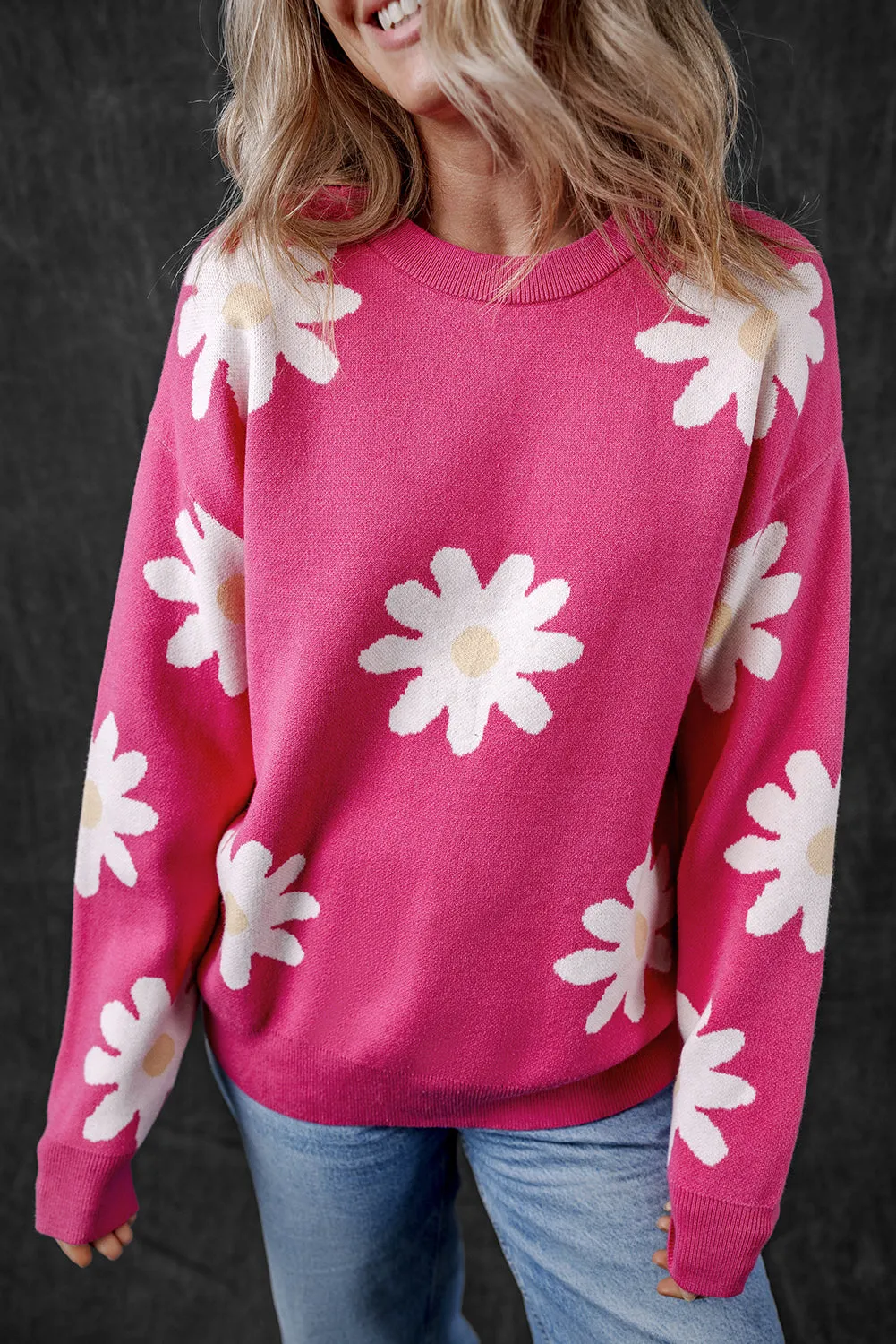 Bright Pink Daisy Flower Crew Neck Long Sleeve Sweater sold by Beagle Boutique