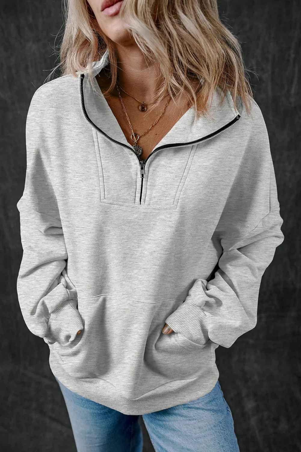 Light Grey Zip-up Stand Neck Kangaroo Pocket Sweatshirt sold by Beagle Boutique