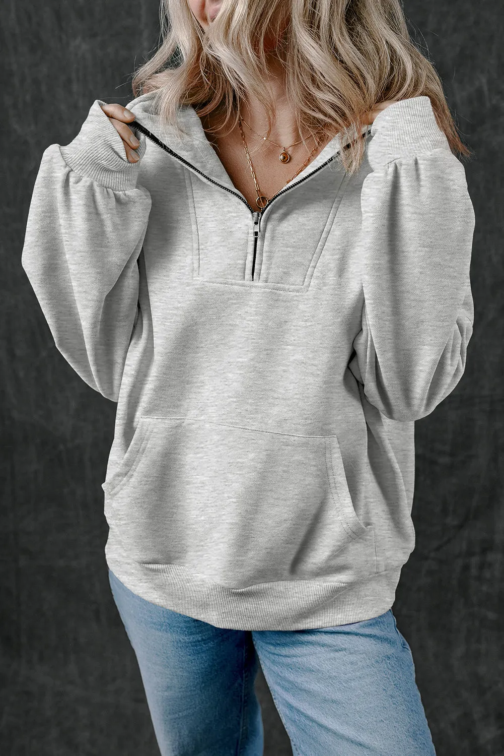 Light Grey Zip-up Stand Neck Kangaroo Pocket Sweatshirt sold by Beagle Boutique product image thumbnail 3