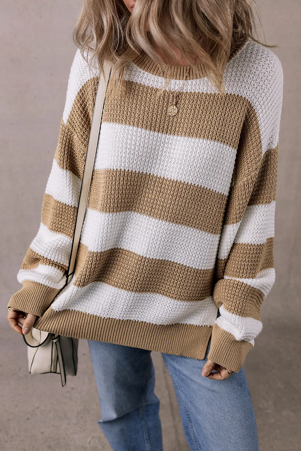 Light French Beige Colourblock Striped Drop Shoulder Side Slit Sweater sold by Beagle Boutique