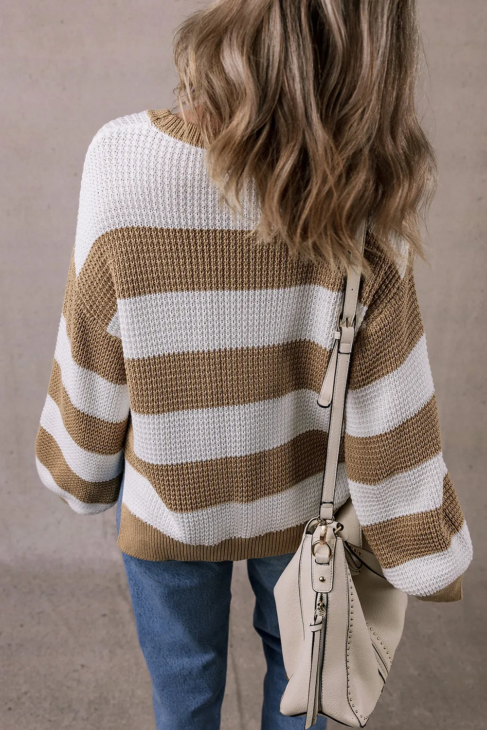 Light French Beige Colourblock Striped Drop Shoulder Side Slit Sweater sold by Beagle Boutique product image thumbnail 2