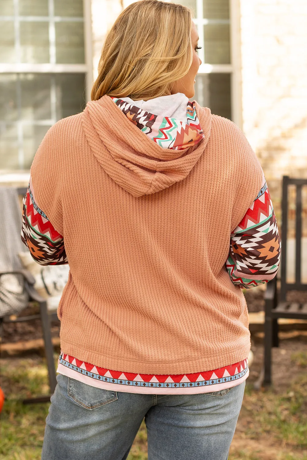 Khaki Aztec Patchwork Waffle Knit Plus Size Hoodie sold by Beagle Boutique product image thumbnail 2