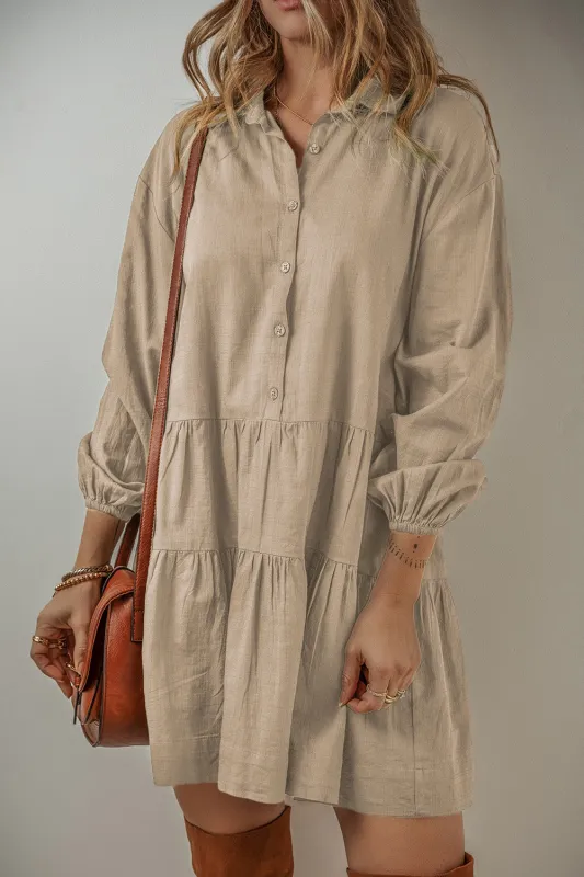 Tan Puff Sleeve Buttoned Tiered Pleated Shirt Mini Dress sold by Beagle Boutique
