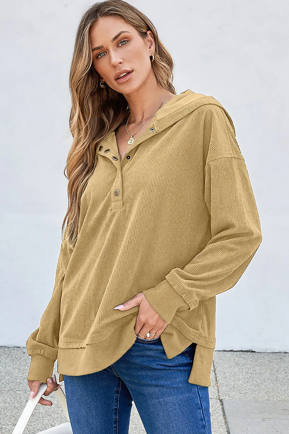 Simply Taupe Solid Ribbed Knit Buttoned Drop Shoulder Oversized Hoodie sold by Beagle Boutique product image thumbnail 3
