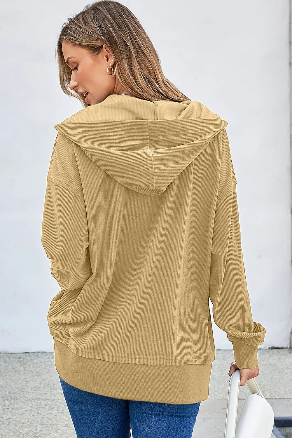 Simply Taupe Solid Ribbed Knit Buttoned Drop Shoulder Oversized Hoodie sold by Beagle Boutique product image thumbnail 2
