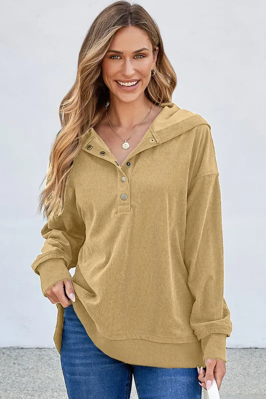 Simply Taupe Solid Ribbed Knit Buttoned Drop Shoulder Oversized Hoodie sold by Beagle Boutique