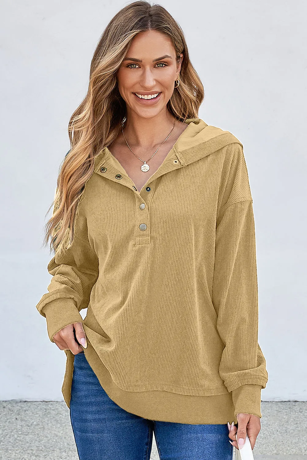 Simply Taupe Solid Ribbed Knit Buttoned Drop Shoulder Oversized Hoodie sold by Beagle Boutique