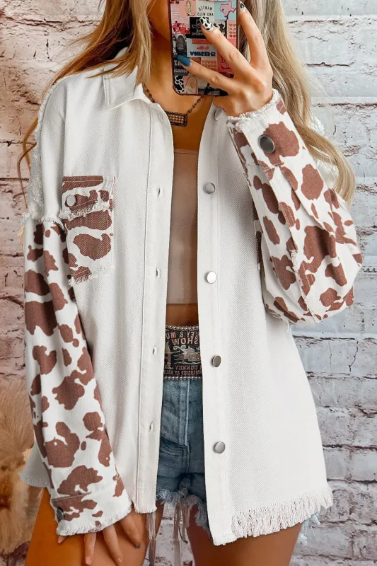 White Cow Spot Patchwork Flap Pocket Distressed Hem Long Denim Jacket sold by Beagle Boutique