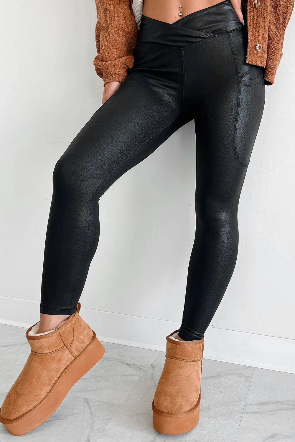 Black V Crossover High Waist Pocketed Leggings sold by Beagle Boutique