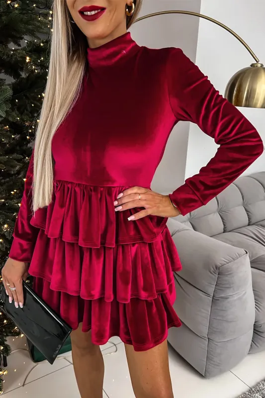 Racing Red Velvet High Neck Tiered Ruffle Mini Dress sold by Beagle Boutique