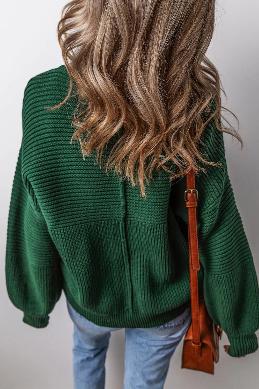 Blackish Green Textured Knit Crewneck Lantern Sleeve Sweater sold by Beagle Boutique product image thumbnail 2