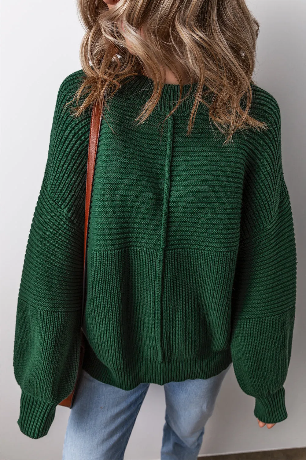 Blackish Green Textured Knit Crewneck Lantern Sleeve Sweater sold by Beagle Boutique