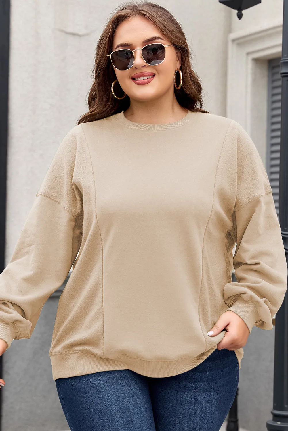 Apricot Loose Patchwork Crewneck Plus Size Sweatshirt sold by Beagle Boutique