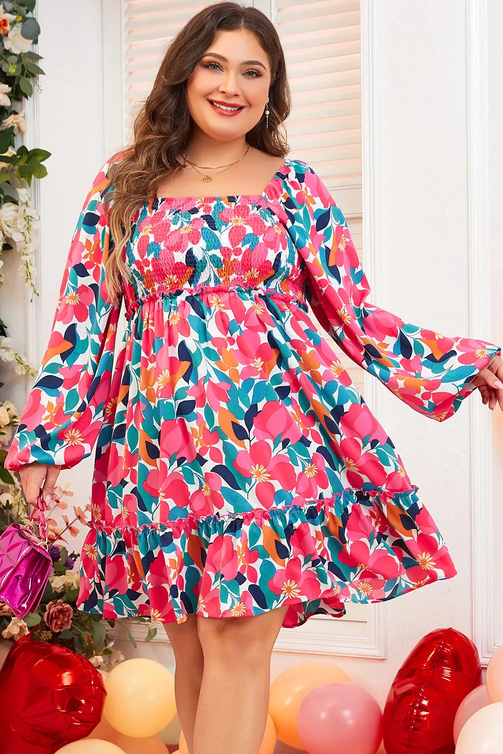Rose Flower Print Smocked Square Neck Plus Size Dress sold by Beagle Boutique product image thumbnail 3