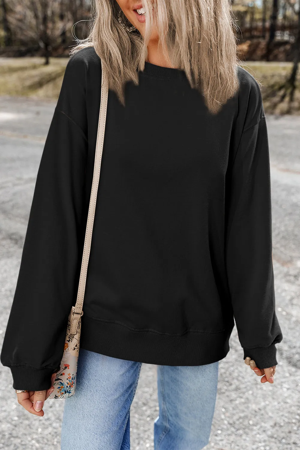 Black Plain Drop Shoulder Crewneck Pullover Sweatshirt sold by Beagle Boutique