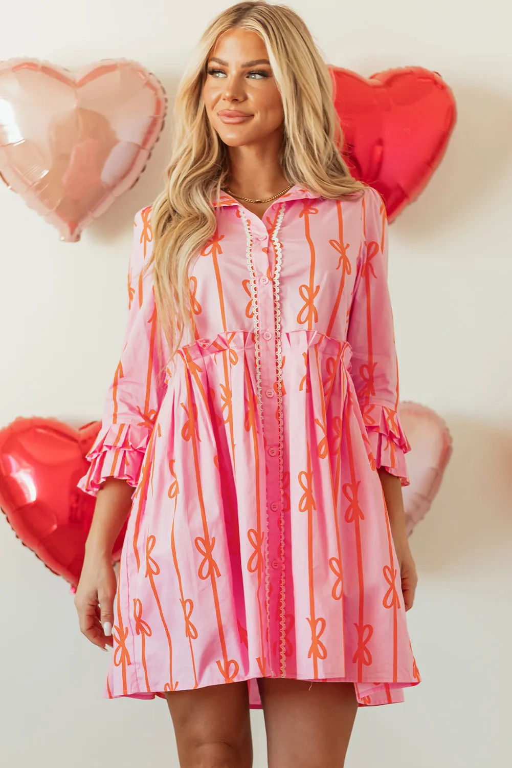 Pink Bowknot Striped Printed Tiered Ruffled Mini Shirt Dress sold by Beagle Boutique product image thumbnail 4