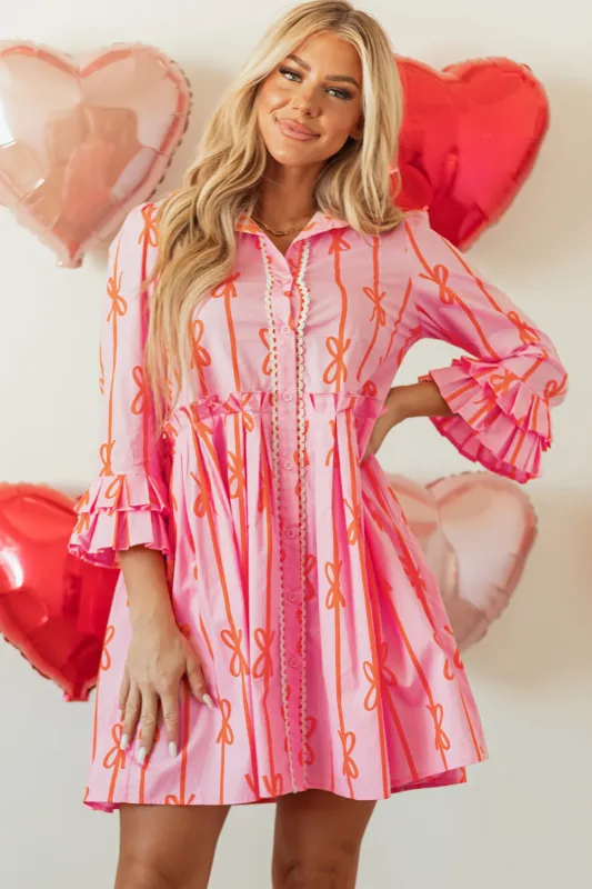 Pink Bowknot Striped Printed Tiered Ruffled Mini Shirt Dress sold by Beagle Boutique