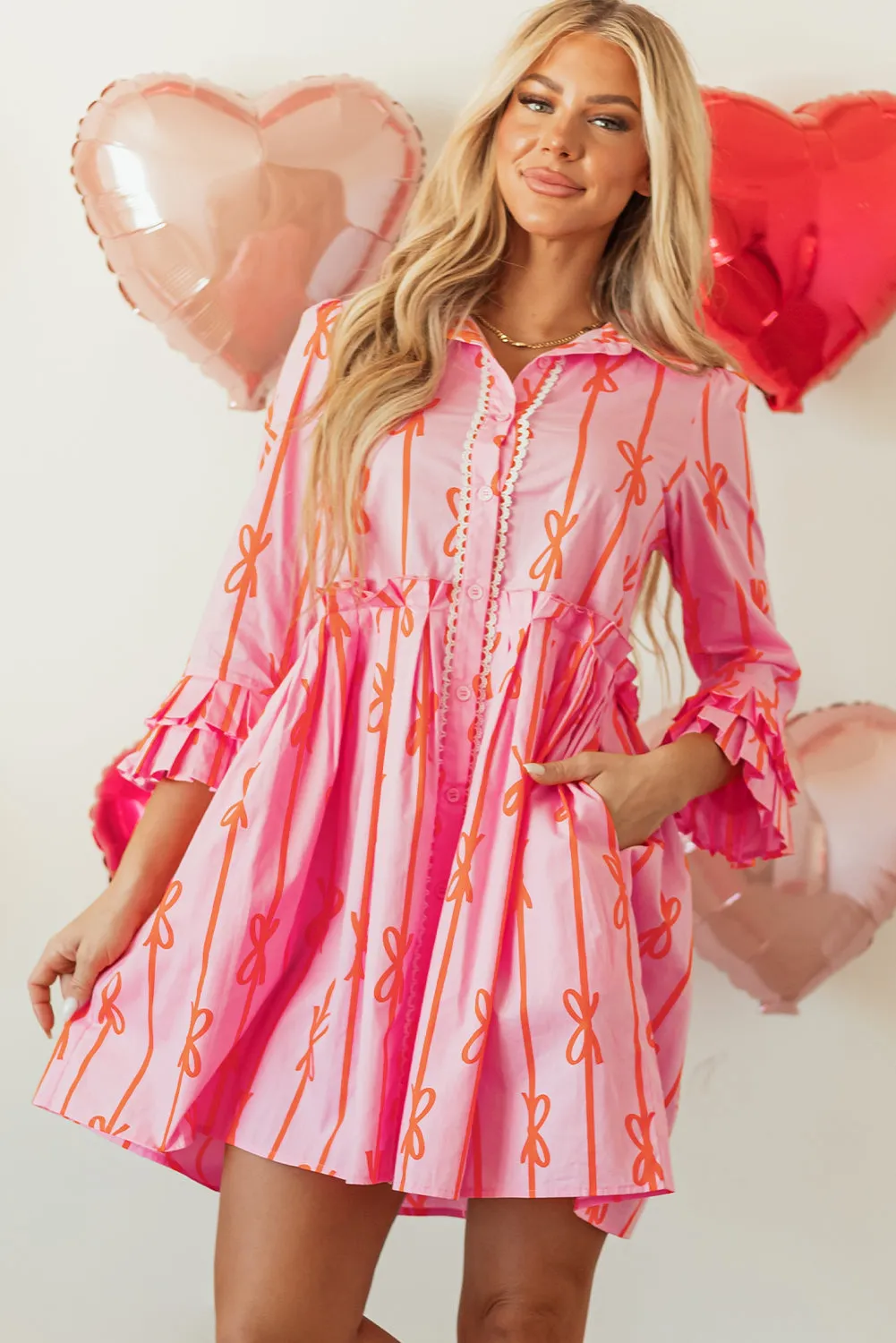Pink Bowknot Striped Printed Tiered Ruffled Mini Shirt Dress sold by Beagle Boutique product image thumbnail 5