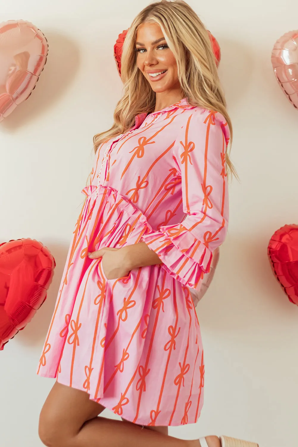 Pink Bowknot Striped Printed Tiered Ruffled Mini Shirt Dress sold by Beagle Boutique product image thumbnail 3