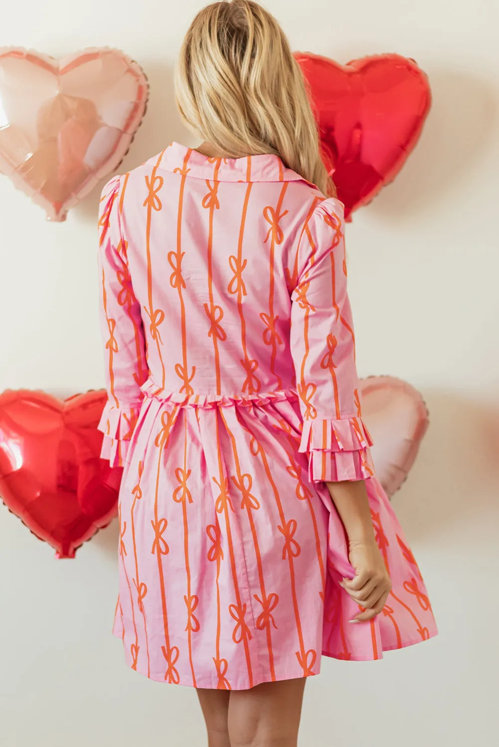 Pink Bowknot Striped Printed Tiered Ruffled Mini Shirt Dress sold by Beagle Boutique product image thumbnail 2
