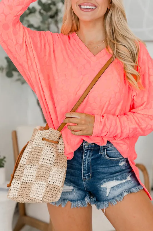 Apricot Pink Oversized Floral Jacquard V Neck Long Sleeve Top sold by Beagle Boutique