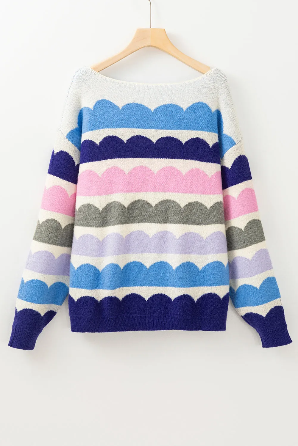 Dark Blue Wave Striped Balloon Sleeve Drop Shoulder Sweater sold by Beagle Boutique product image thumbnail 5
