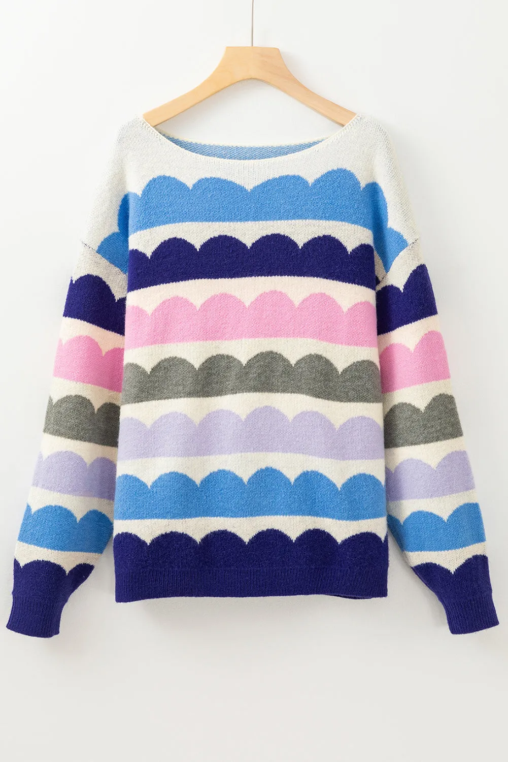 Dark Blue Wave Striped Balloon Sleeve Drop Shoulder Sweater sold by Beagle Boutique product image thumbnail 4