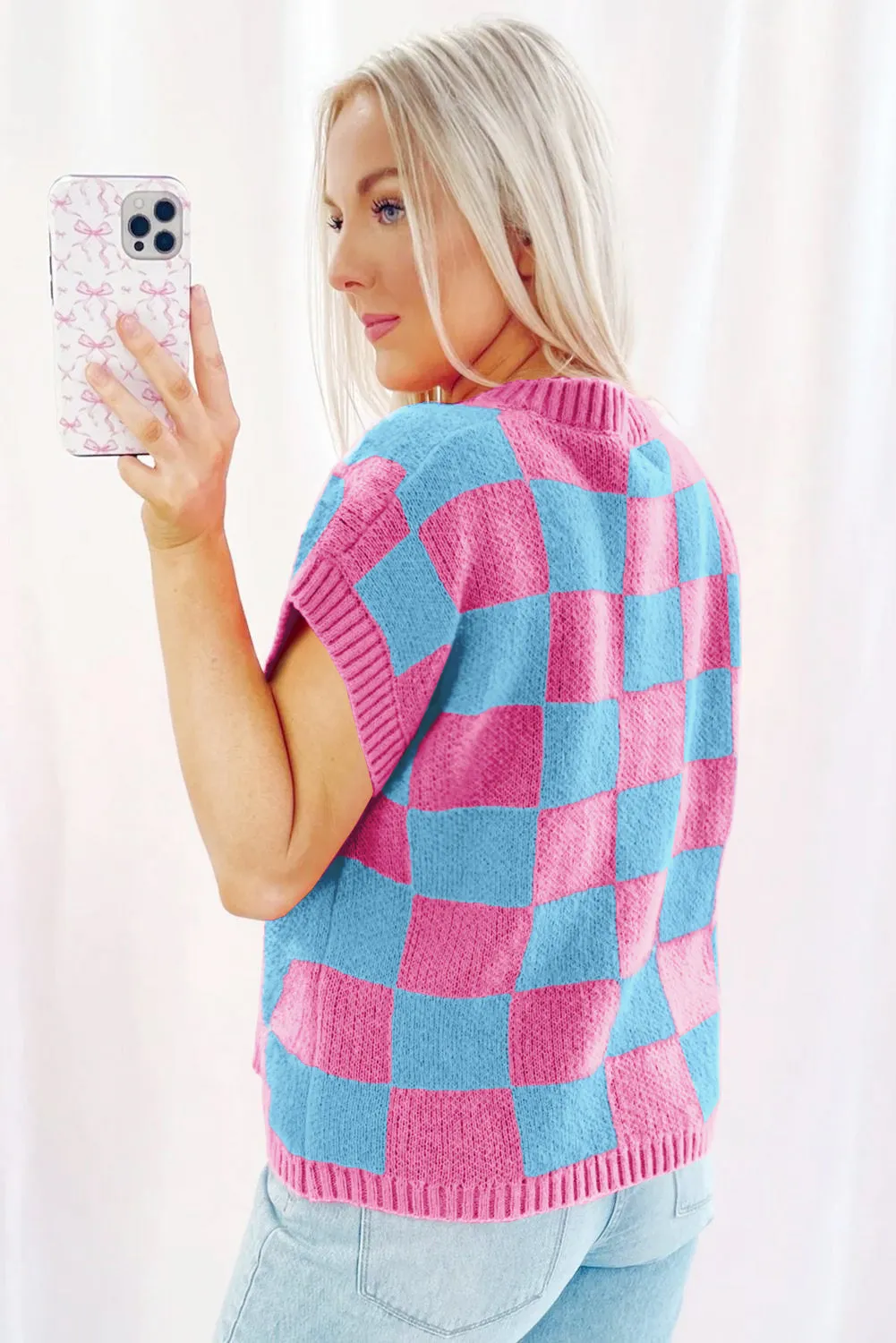 Sachet Pink Colourblock Plaid Pattern Ribbed Trim Sweater Tank Top sold by Beagle Boutique product image thumbnail 2