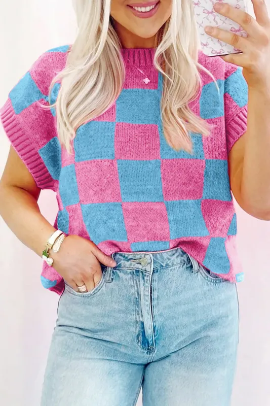 Sachet Pink Colourblock Plaid Pattern Ribbed Trim Sweater Tank Top sold by Beagle Boutique