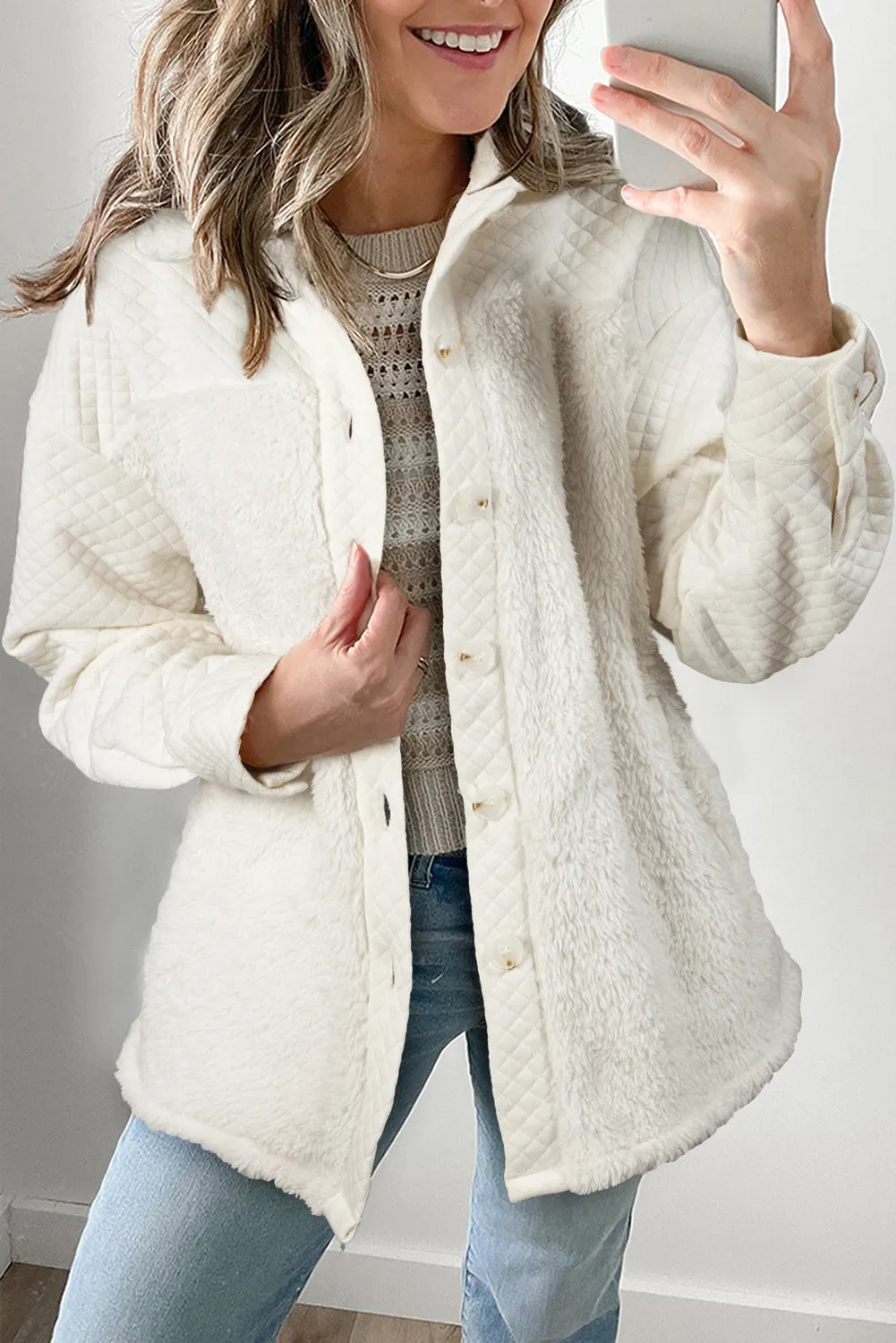 White Solid Colour Quilted Sherpa Patchwork Button Up Shacket sold by Beagle Boutique