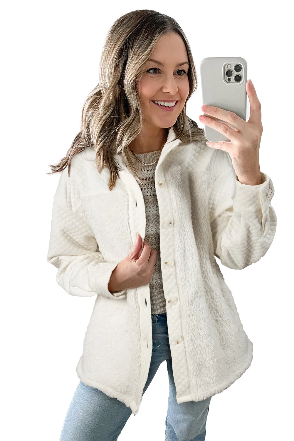 White Solid Colour Quilted Sherpa Patchwork Button Up Shacket sold by Beagle Boutique product image thumbnail 3