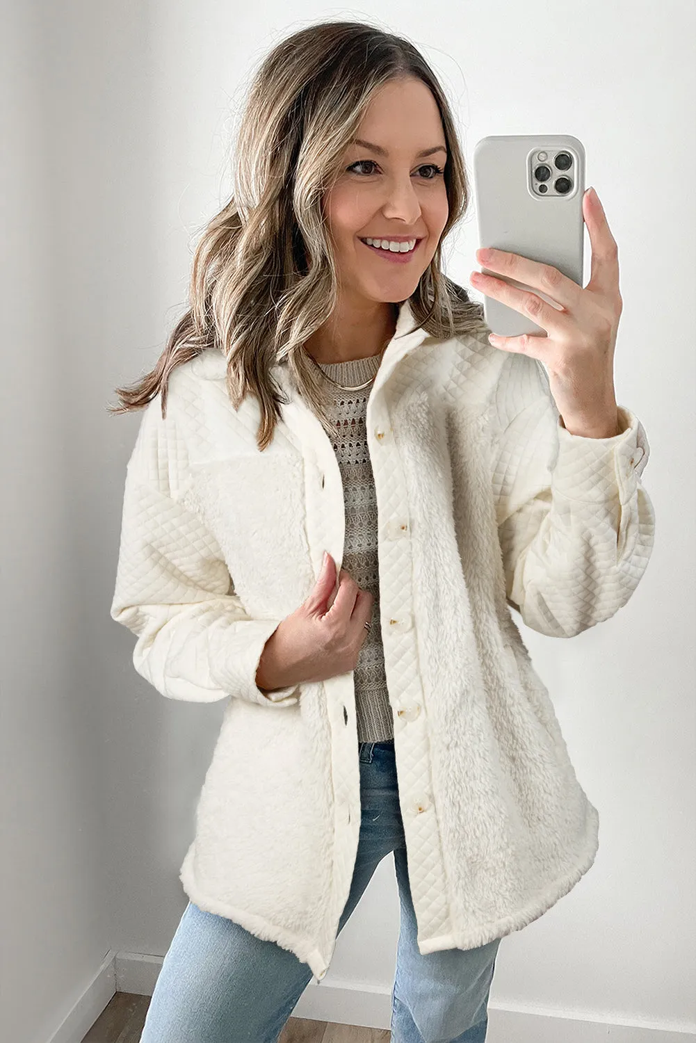 White Solid Colour Quilted Sherpa Patchwork Button Up Shacket sold by Beagle Boutique product image thumbnail 2