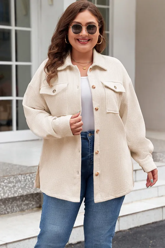 Oatmeal Textured Flap Pockets Buttoned Plus Size Shacket sold by Beagle Boutique
