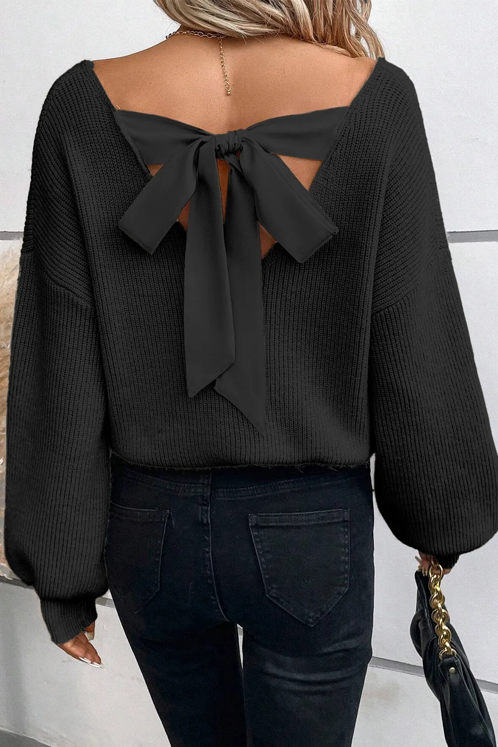 Black Lantern Sleeve V Neck Knot Back Sweater sold by Beagle Boutique product image thumbnail 3