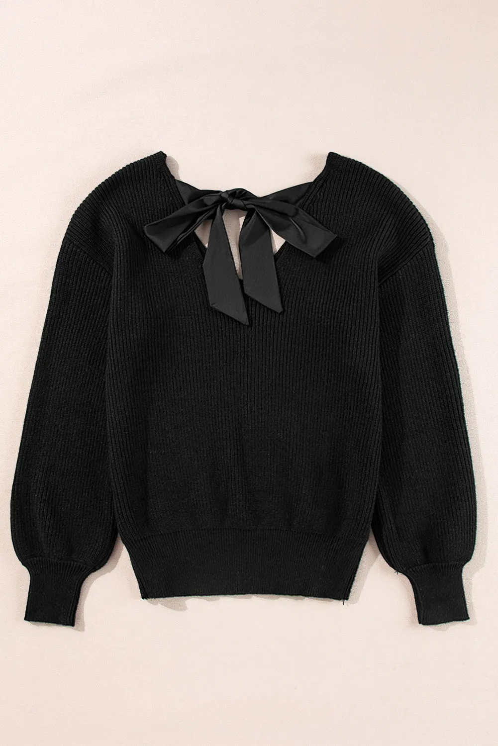 Black Lantern Sleeve V Neck Knot Back Sweater sold by Beagle Boutique product image thumbnail 5