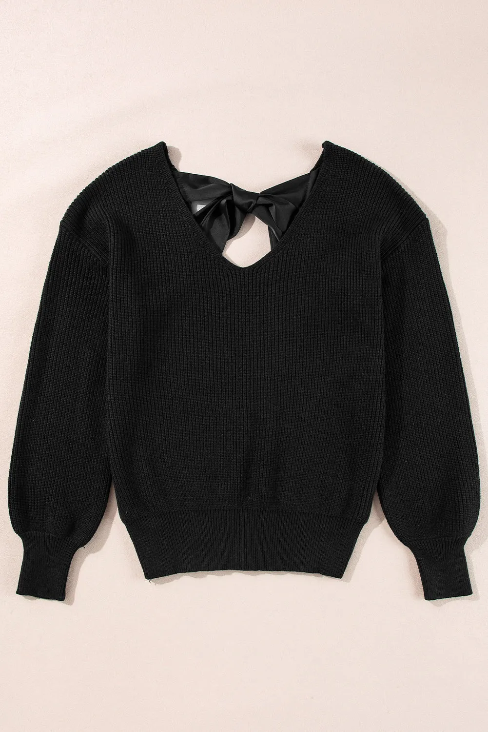 Black Lantern Sleeve V Neck Knot Back Sweater sold by Beagle Boutique product image thumbnail 4