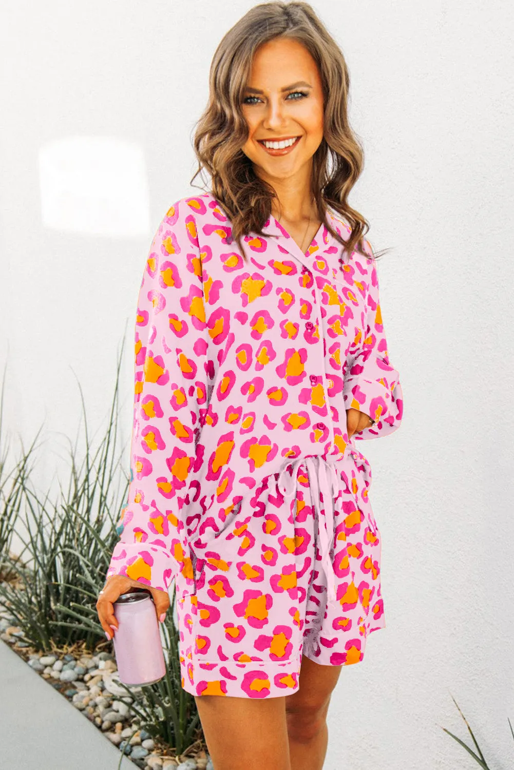 Pink Leopard Print Long Sleeve Shirt and Shorts Pyjamas Set sold by Beagle Boutique product image thumbnail 2