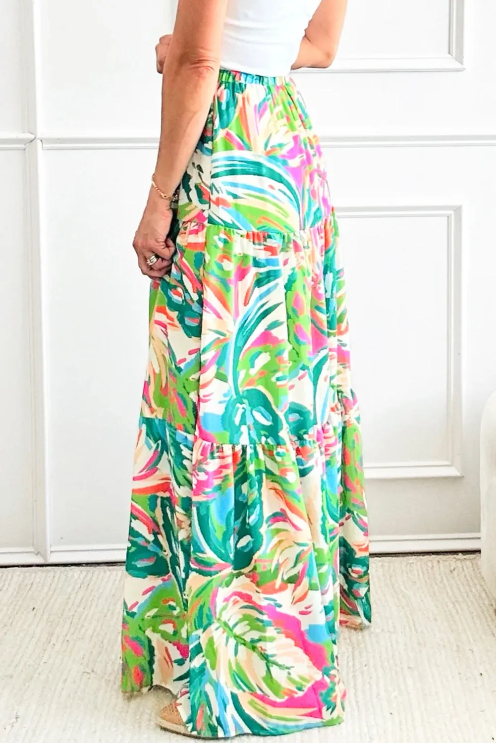 Green Abstract Printed High Waist Tiered Maxi Skirt sold by Beagle Boutique product image thumbnail 2