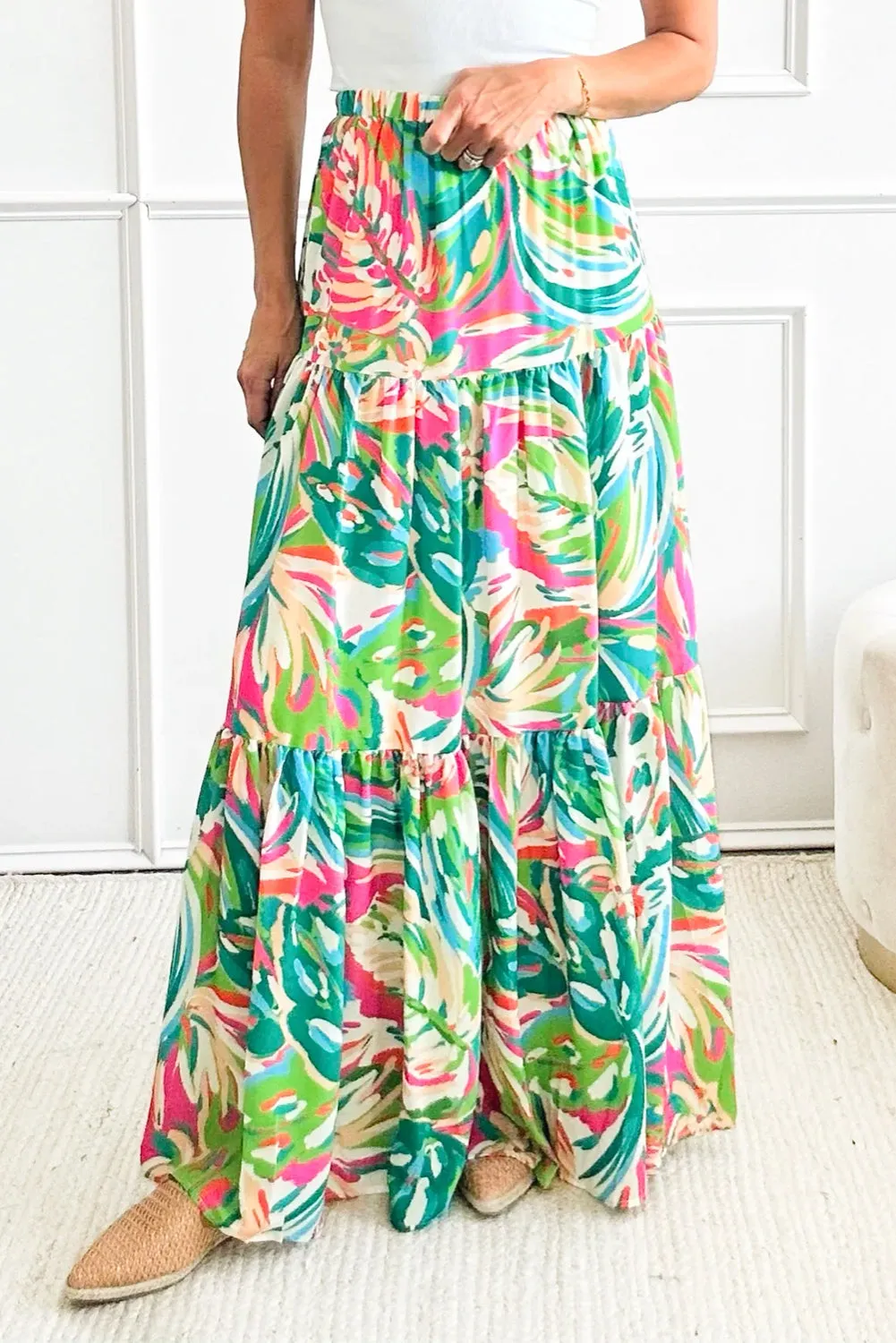 Green Abstract Printed High Waist Tiered Maxi Skirt sold by Beagle Boutique product image thumbnail 3