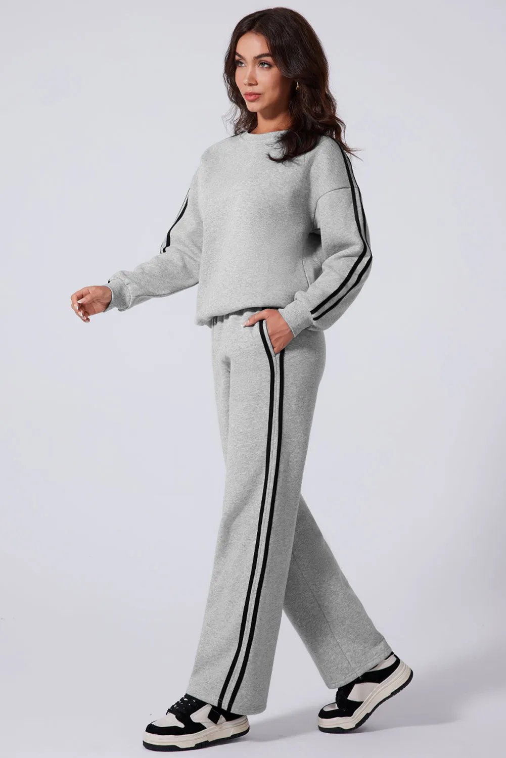 Light Grey Solid Colour Side Striped Sweatshirt Active Set sold by Beagle Boutique product image thumbnail 3
