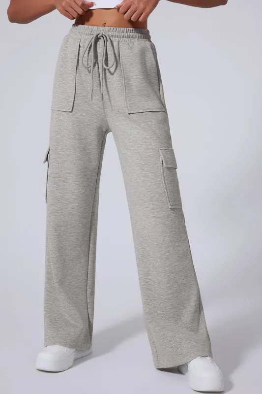 Light Grey Multi Pockets Lace-up High Waist Wide Leg Workout Pants sold by Beagle Boutique