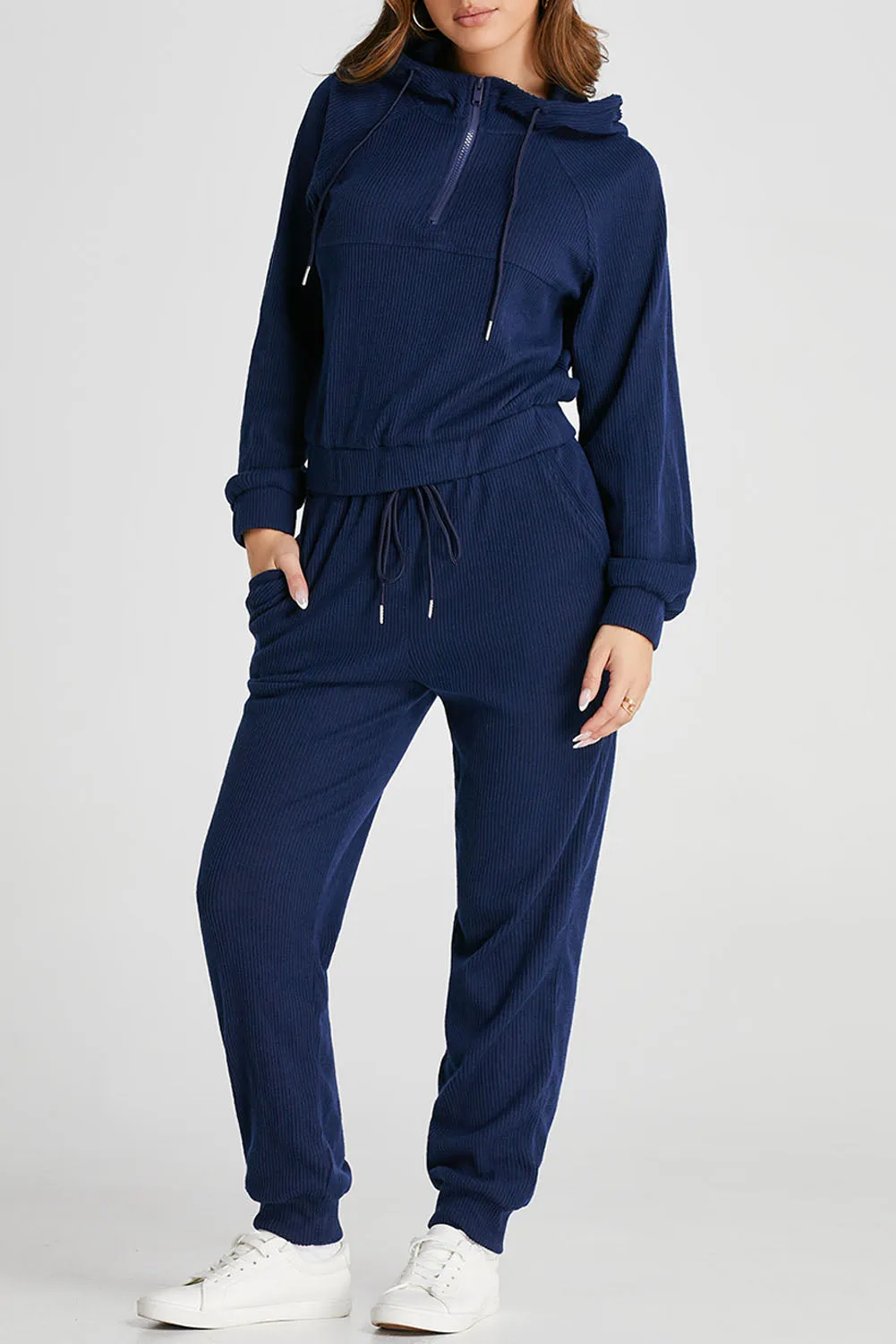 Navy Blue Ribbed Knit Cropped Hoodie and Drawstring Joggers Set sold by Beagle Boutique