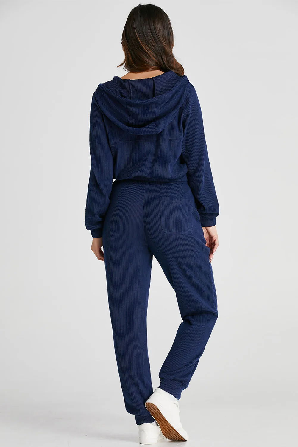 Navy Blue Ribbed Knit Cropped Hoodie and Drawstring Joggers Set sold by Beagle Boutique product image thumbnail 2