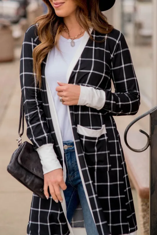 Black Plaid Colourblock Edge Open Cardigan with Pocket sold by Beagle Boutique