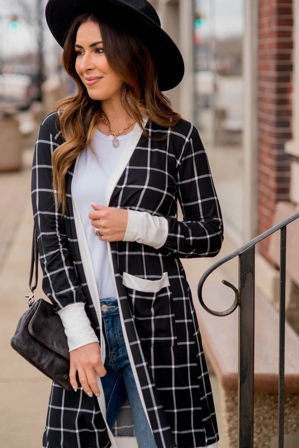 Black Plaid Colourblock Edge Open Cardigan with Pocket sold by Beagle Boutique product image thumbnail 3