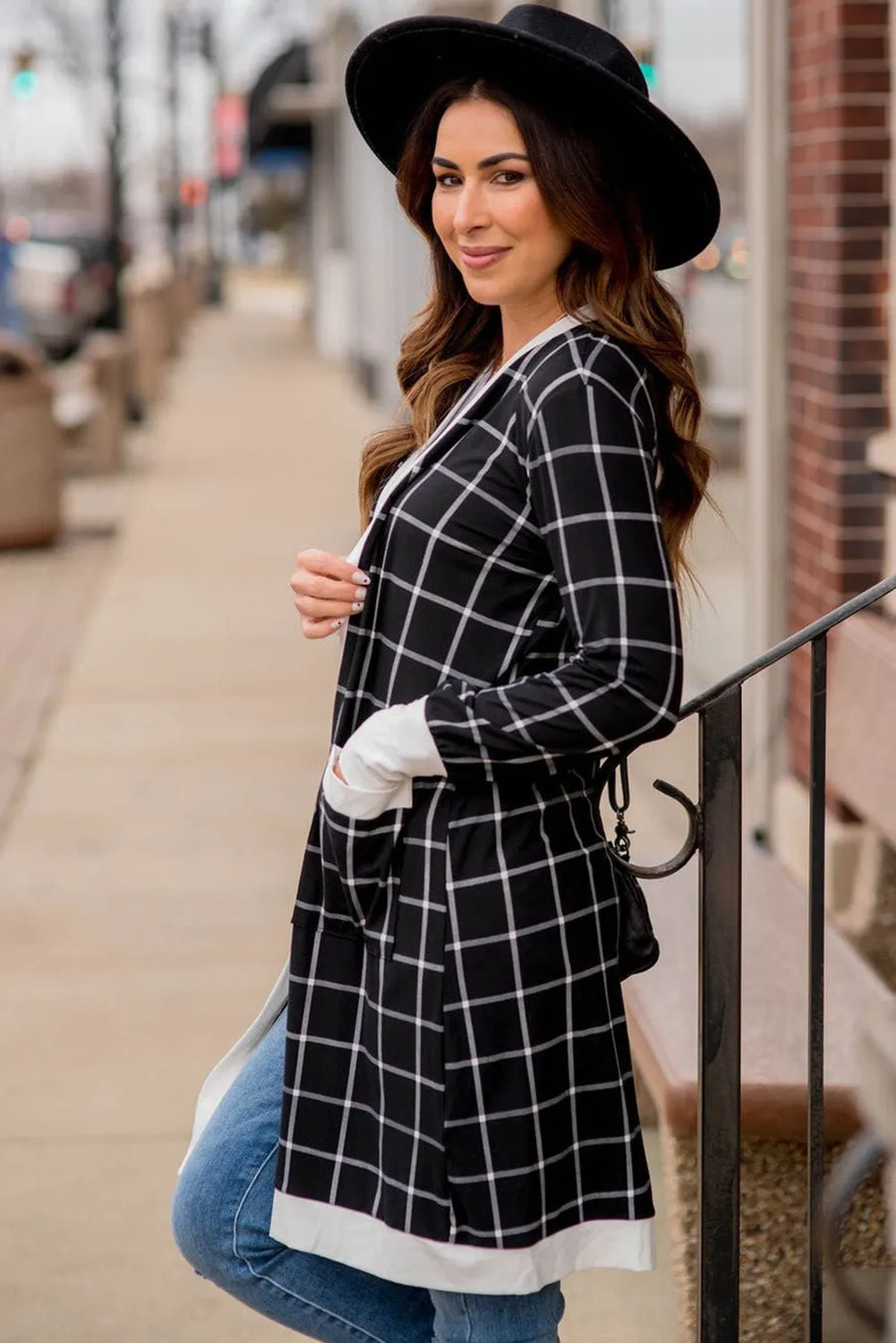 Black Plaid Colourblock Edge Open Cardigan with Pocket sold by Beagle Boutique product image thumbnail 2