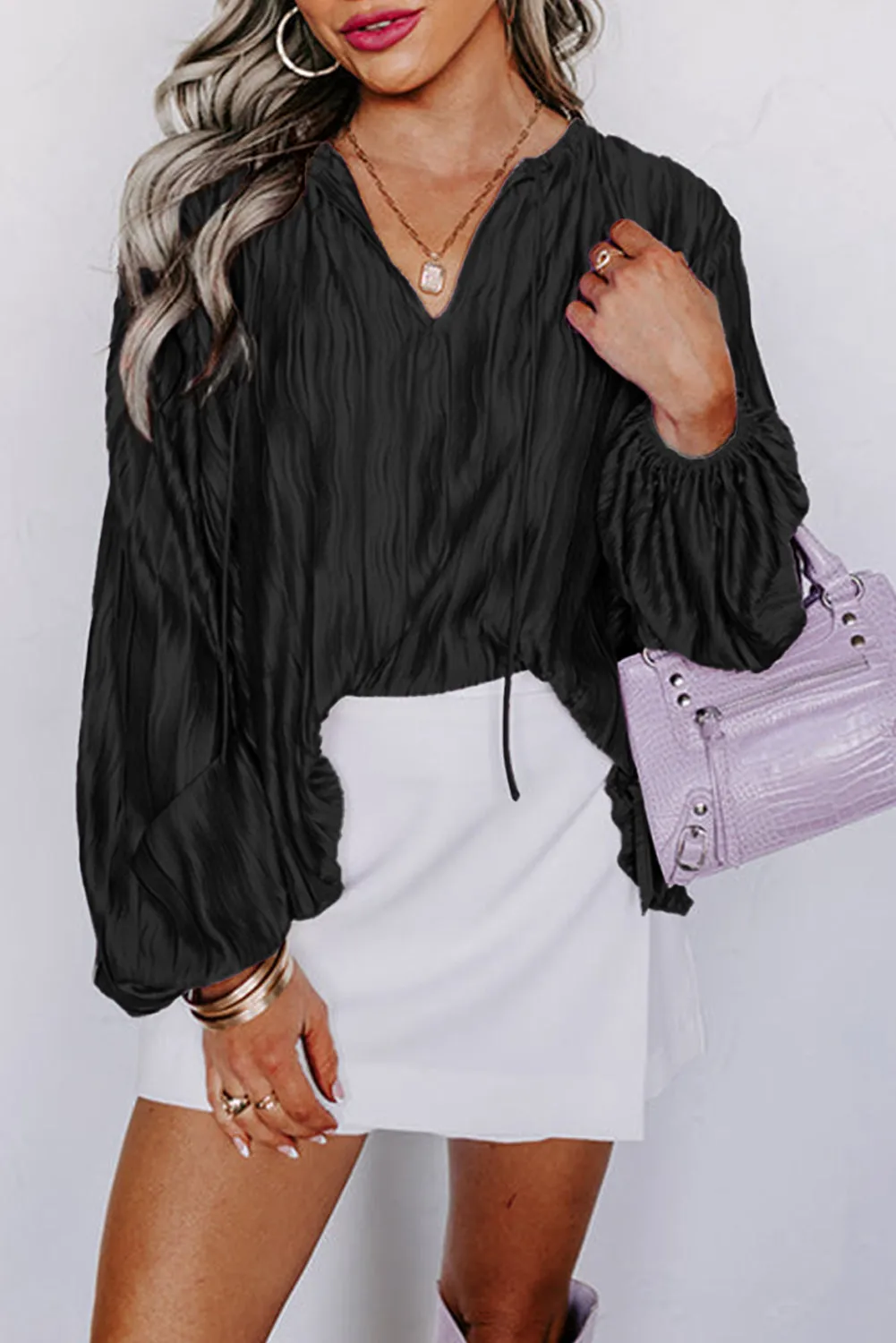 Black Textured Bubble Sleeve V Neck Loose Blouse sold by Beagle Boutique